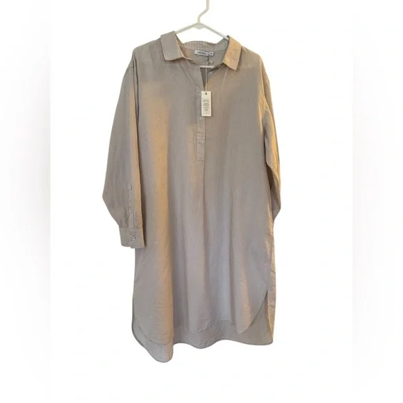 Mersea Essential Collar Popover Shirt Dress Beige White Stripes Size L/XL